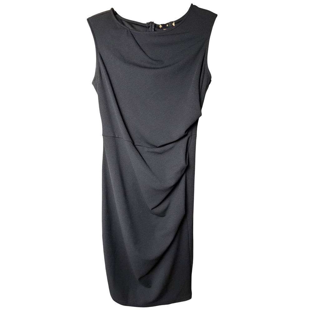 Miusol Black Sleeveless Draped Cowl Neck Ruched Sheath Midi Dress Medium NWOT